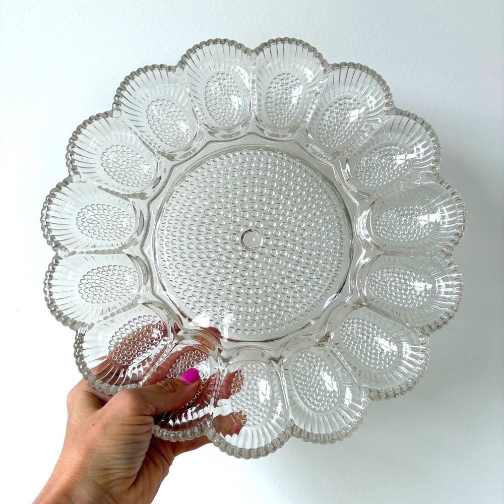 Vintage Clear Hobnail Glass Deviled Egg Platter Scalloped 11 Inch Serving Tray